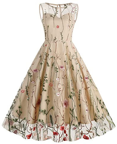 Cocktailkleid Damen Elegant Vintage Rockabilly 50er Jahre Ärmellos Gestickt Knielang Petticoat Kleid Frauen Festliche Hochzeit Partykleid Konfirmationskleider Kurz Abendkleid Ballkleid Aprikose M