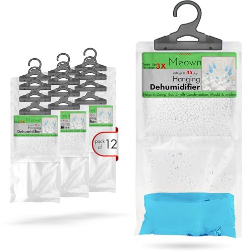 Meown Hanging Dehumidifier Bags – Pack of 12, Moisture Absorbers for Wardrobe, Bathroom, Caravan, Closet | Mould, Odour, Condensation & Damp Remover with Lasting Fresh Scent