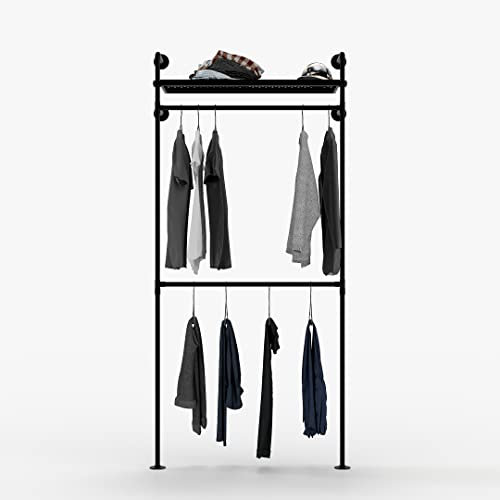 pamo Kleiderstange Wandmontage 140 kg Traglast - offener Kleiderschrank industrial schwarz aus Metall Wasserrohren mit Böden aus robustem Metall