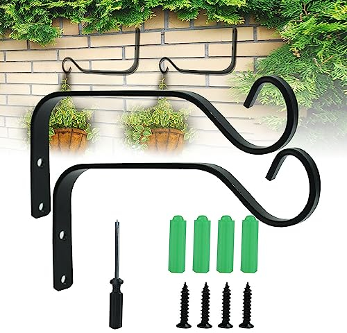 LANSKYLAN 2 Stück Pflanzenhalterung Wandhalter Blumenampel Halterung Haken 18.5cm Blumenampelhalter Schwarz Balkon Wandhaken Hängend Wandhalterung Metallhaken für Blumenkorb Vogelhäuschen Laterne