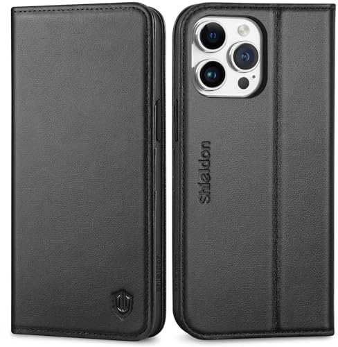SHIELDON Hülle für iPhone 15 Pro Max, Handyhülle TPU [Echtleder] [Kartenfach] [Magnet] [Stand] [RFID Blocker], Stoßfest Schutzhülle Lederhülle Kompatibel mit iPhone 15 Pro Max 6,7 - Schwarz
