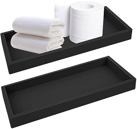 Qivine 2 Piezas Bandeja de Baño, 20 x 12 x 1,8 cm Plato Rectangular de Silicona Negro Bandeja Decorativa Tocador Bandeja de Baño para Joyas, Velas, Toalla, Jabón