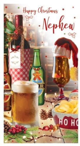 ICG Tarjeta de Navidad para sobrino, Tarjeta Felicitacion, diseño de cervezas festivas en el pub con papel de aluminio en relieve y detalles de flitter