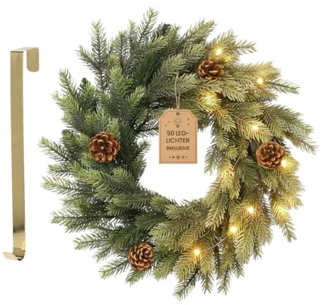 Meisterhome® Ø 50CM Premium Qualität Weihnachtskranz Türkranz - Inkl. goldenem Aufhänger -Weihnachtsgirlande Tannenkranz mit Weihnachtskugeln Tannenzapfen für Haustür Kamin Wanddekoration (Grün)