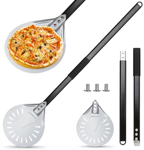 BYZESTY Pala Pizza Horno, 7 Pulgadas Pala para Pizza, Pizza Peel de Aluminio Anodizado Resistente, Pala Pizza con Mango Metálico Desmontable de 80 cm, Ideal para el Horno de Pizza