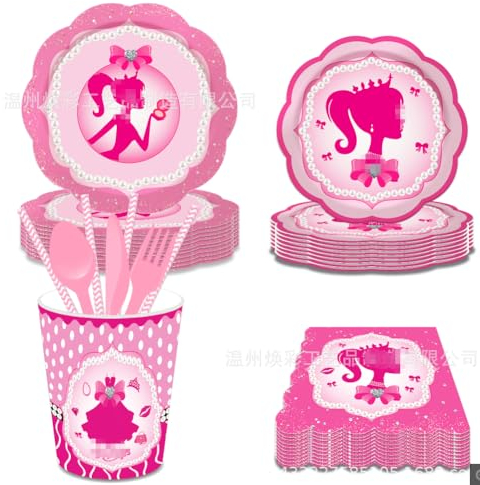 NTEVXZ Barbi Stoviglie di Compleanno Set, Vassoio di Carta, Tazza di Carta, Fazzoletto, Decorazione della Festa di Compleanno dei Bambini -8 posizione