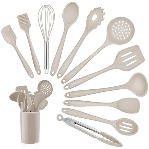 Kitchen Utensil Set, Homikit 12 Piece Cooking Utensils Set with Holder, Heat Resistant Kitchen Tools Include Spoons Turner Spatula for Non-Stick Cookware, Khaki