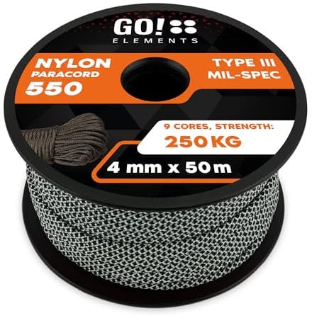 GO!elements 50m Paracord da Corda Nylon - 4mm Paracord 550 Originale Typ III - Adatto Come Corda Militare & Corda per Altalena | Max. 250kg, Colore: Bianco e Nero