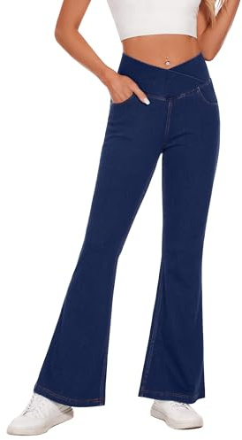 Desol Jeans Damen High Waist V Cross Schlaghose, Hohe Taille Bootcut Hose Damen Stretch Jeanshose mit 4 Taschen, Flared Jeans, für Party, Freizeit, Sport