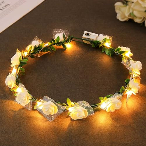 Zoestar Leuchtendes Blumenkronen-Stirnband LED-Haarkranz-Stirnbänder Blumenkopfschmuck für Bräute, Festival- und Party-Haaraccessoires für Frauen (Weiß, Standardgröße)