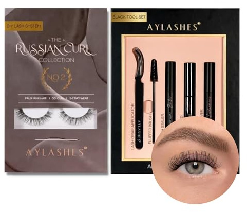 AYLASHES - DIY Wimpernextensions Starter Set NO. 2 | 5 Paar Wimpern, Applikator, Wimpernkleber, Top Coat Sealer transparent, Lash Remover | Wimpern DIY Set für zu Hause | bis zu 7 Tage Halt