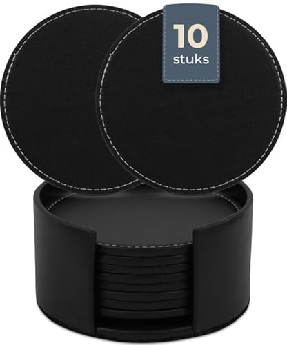 Castagnola Kunstleder Design Untersetzer mit Halter | Untersetzer für Gläser | Untersetzer Set | Kunstleder | Leder Untersetzer | 10er Set (Schwarz mit Steppung (10er Set)