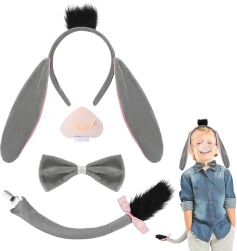 4 Stück Esel Kostüm Erwachsene Kinder Set, Esel Ohren Haarreif Schwanz Nase Fliege, Esel Kostüm Zubehör Tier Kostüm Kinder Erwachsene für Cosplay Halloween Fasching Geburtstag Thema Party Weltbuchtag