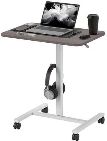 HOMCOM Height Adjustable Standing Desk, Pneumatic Sit Stand Desk for Laptop, Mobile Overbed Table with Wheels and Headphone Hook for Home Office, Grey