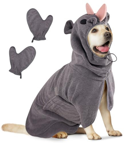 Hundebademantel Schnelltrocknend Badetuch aus Mikrofaser, Bibykivn Einstellbar Hundehandtuch, Saugfähiger Hunde Bademantel mit Hut für Große Mittlere Hunde (Grau Rosa, L)