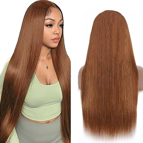 Weeybay Echthaar Perücke Bone Straight Human Hair Wig Glueless Wear and Go 4X1 Lace Closure PerüCken Damen with Baby Hair Bleached Knot Light Brown Color for Woman 34 Zoll