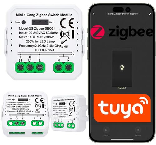 Sone Smart Life ZigBee Unterputz Schalter – ZigBee Relais Lichtschalter 2300W/250W LED – Kompatibel mit Monostabil/Bistabil – ZigBee Smart Switch – Tuya/Smart Life App – Sprachsteuerung mit Alexa