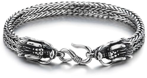 COOLSTEELANDBEYOND Herren Wikinger Drachen Armband Vintage Edelstahl, Haken Verschluss Geflochtene Weizen Kette, Nordischer Mythologie