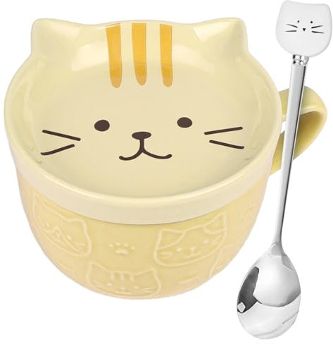 HOTUT Cute Kawaii Yellow Cat Coffee Mugs with Lids, Cute Animal Coffee Tea Cup Saucer Set, Kawaii Ceramic Mugs with Biscuit Holder and Spoon, Funny Novelty Cat Breakfast Mugs for Friend Kids Wife