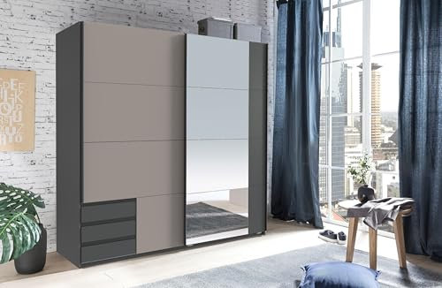 möbelando Schwebetürenschrank >Emden< 179x198x65 cm, modern in Graphit & Saharagrau, 2 Türen, 3 Schubladen, 4 Einlegeböden, Spiegel, Made in Germany, zerlegt geliefert