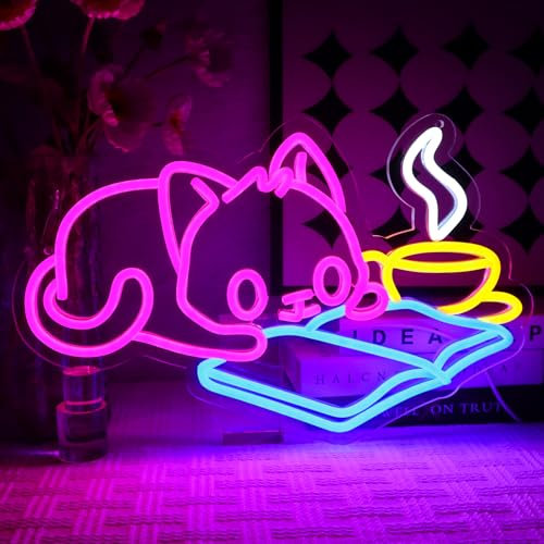 OYCGZV Lesende Katze Neon Schild Niedliches Tier Led Neonschild Wand Kaffee Cat Neon Sign USB Led Schild für Kaffee Bar Resturant Schlafzimmer Klassenzimmer Leseecke Buchclub Party Deko
