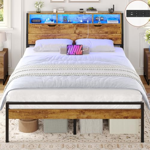 Brinlawb Bett 140x190 mit Lattenrost aus Metall Doppelbett mit LED Beleuchtung und Steckdose, Bettgestell 140x190 cm mit Holzkopfteil, 2 Schränke mit Türen, Jugendbett Bettrahmen mit Stauraum, Braun
