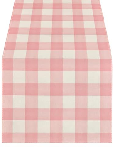 FSSTUD Chemin de table à carreaux rose et blanc 33 x 180 cm - Chemin de table vichy de Pâques - Chemin de table rustique en lin - Chemin de table décoratif pour la maison et la cuisine