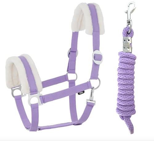JA Horse Kunstfell Halfter Führstrick Set mit Karabinerhaken verstellbar Pferdehalfter Pferd Holzpferd Anbindestrick (Kunstfell Karabinerhaken Lavender, Full)