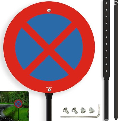 Ashoaza aluminium panneau interdiction de stationner avec piquet Ø 30 cm, rond stationnement interdit avec poteau, routière pour extérieur, défense de stationner (Interdiction d'arrêt)