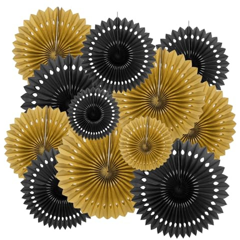 ZYOOO 12 Stück Papier Fächer Deko,Papierfächer Hängend Girlande Schwarz Gold Party Deko Set für Hochzeit Geburtstag Weihnachten Neujahr Tea Party Backdrop