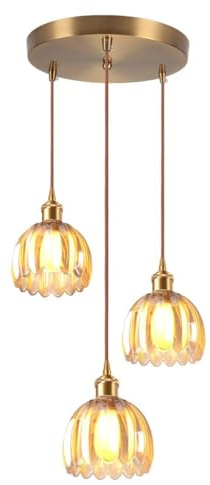 DLGLOLIN Suspension Luminaires en Verre 3 Lampes Intérieure Moderne Ambre Fleurs Lampe Suspendue Vintage Laiton Doré Lustre Plafonniers pour Cuisine Cuisine Salon Chambre