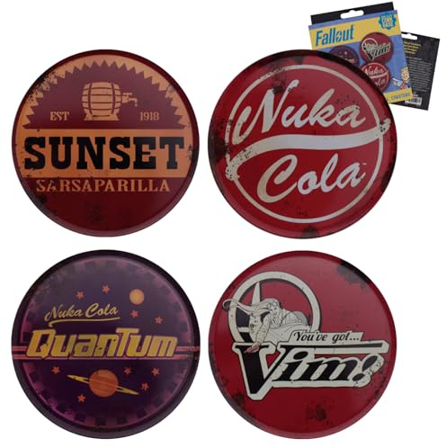 Fallout Lot de 4 dessous de verre en métal sous licence officielle Nuka Cola, Sunset Sarsaparilla, Vim et Nuka Cola Quantum – Cadeau pour les fans de Fallout