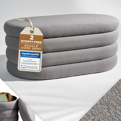 Blumtal Sitzbank mit Stauraum XL oval, Bouclé-Bezug - robuste Truhenbank mit Stauraum & Bouclé-Stoff-Bezug extra weich 110 x 45 x 42.5 cm - Ottoman Grau