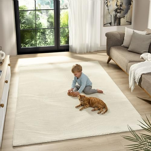 VIMODA Teppich Wohnzimmer Schlafzimmer Geometrische Wellen Modern | Qualitativ Hochwertig |,Farbe:Creme;Maße:160x230 cm