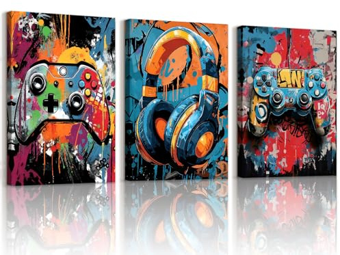 WENGTIAO 3 Stück Graffiti Gaming Leinwand Bilder Kunstdrucke Gerahmt | Bunte Kopfhörer Gamepad Wandbilder für Spielzimmer Jugendzimmer Wohnzimmer Schlafzimmer Wanddeko 30x40cmx3