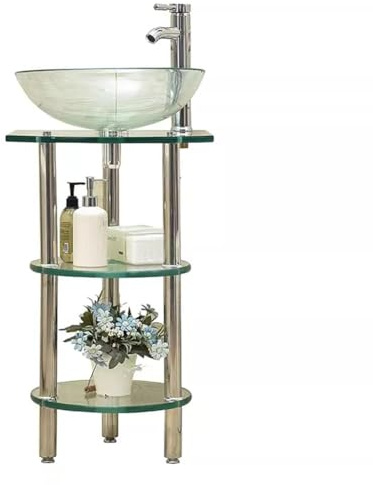 HEFJIAYCIQ Conjunto De Lavabo De Baño De 16, Patas De Soporte Independientes De Acero Inoxidable, Mueble De Baño Con Lavabo De Cristal Templado,Clear 1,1Set