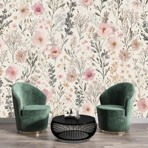 Papier Peint Panoramique 3D Soie, 400 x 280cm (L×H) Style Romantique Campagnard - Papier Peint Délicat Floral Grandes Murales Poster pour Salon, Chambre d'enfants, Étude Décoration, Rose Poudré Gris