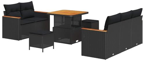 Runheo Garten-Sofa-Set mit Kissen, Schwarz Poly Rattan, Modular, UV-beständig, Stauraum, Pulverbeschichteter Stahlrahmen, für Außenbereich, 4 Armsofas, 1 Mittelplatz, 2 Hocker, 1 Tisch