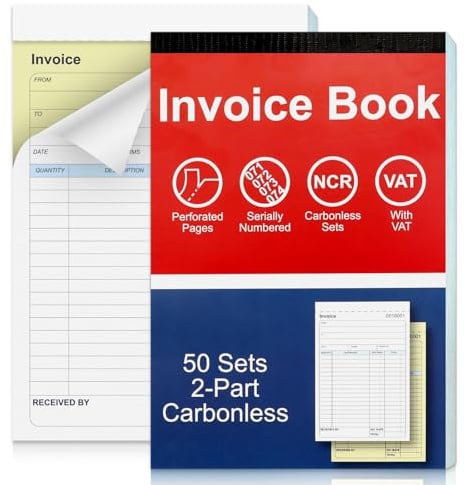 1 Pack Duplicate Invoice Book A5 Invoice Book Self Employed 50 Set Receipt Book 2-Part Carbonless 137x203mm Perforated Pages for Small and Larger Business Sales Red Blue