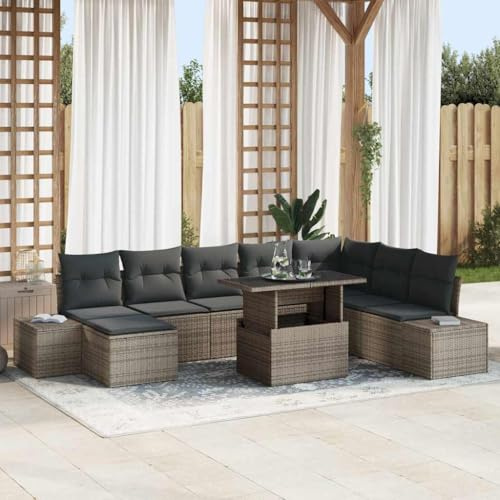 Hoopleep Garten-Sofa-Set 9-teilig Grau aus Poly-Rattan mit Stauraum, modularer Eckbank, höhenverstellbarem Tisch und Wasserdichten Taschen für Terrasse, Outdoor-Möbel