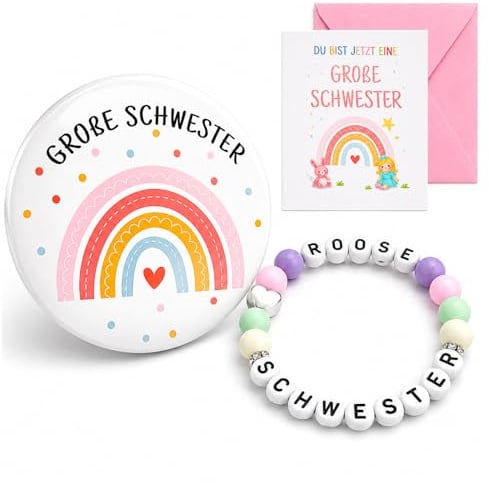 Große Schwester Set Mit Armband, Button & Karte – Liebevolles Geschenk Schwester Zur Geburt & Babyankündigung – Regenbogen Schwester Geschenk Für Stolze Mädchen