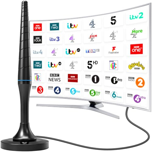 Indoor TV Aerial for Smart TV, Freeview Digital TV Aerial with Magnetic Base, Portable HD Aerial for Free Local Channels, 650+ Miles Range Reception, Supports 4K 1080P HDTV UHF/VHF, 10FT Coax Cable