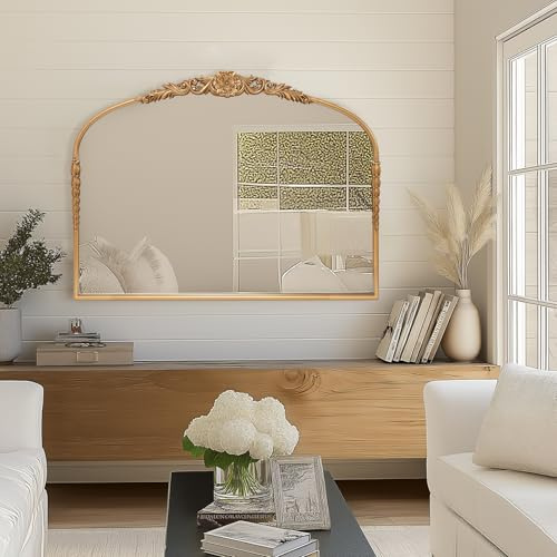 G-LEAF Vintage Wandspiegel Bogenspiegel 100x76 cm, Barock Kaminspiegel mit Dekorativem Gold/Schwarz Rahmen, Großer Antik Dekospiegel Querformat für Badezimmer, Wohnzimmer, Flur