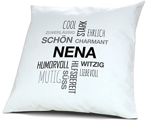 printplanet Kopfkissen mit Namen Nena - Motiv Positive Eigenschaften Tagcloud Schwarz, 40 cm, 100% Baumwolle, Kuschelkissen, Liebeskissen, Namenskissen, Geschenkidee