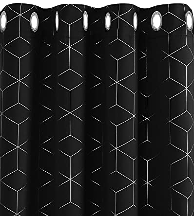 Deconovo Eyelet Blackout Curtains, Diamond Foil Printed Thermal Insulated Black Curtains for Kids Bedroom, 46 x 54 Inch(Width x Length), Black, One Pair