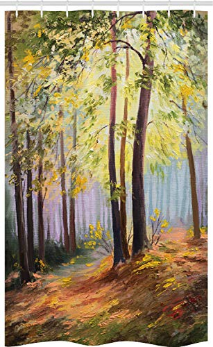 ABAKUHAUS Land Schmaler Duschvorhang, Frühling im Wald Blätter, Badezimmer Deko Set aus Stoff mit Haken, 120 x 180 cm, Grün Braun