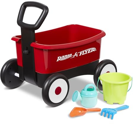 Radio Flyer Push & Pull Walker Wagon with Garden Tools, Red 2-in-1 Wagon for Toddlers, For 1-4 Years Old