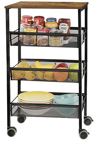 Kitchen Storage Rolling Cart, 4-Tier Kitchen Island Cart on Wheels with Wooden Shelves, Lockable Utility Cart with Mesh Baskets for Narrow Space on Dining Room Bathroom，Black