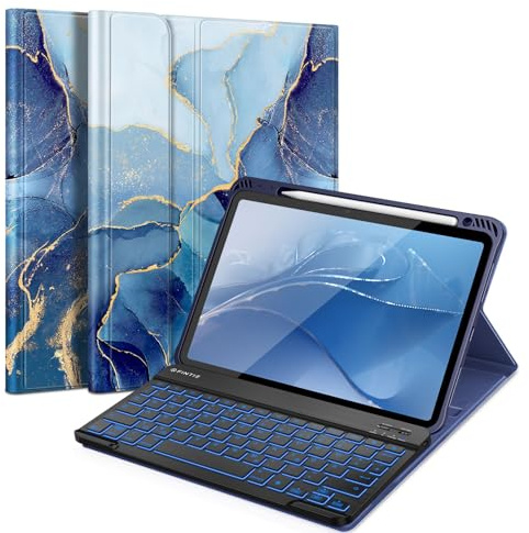 FINTIE Hülle mit Tastatur für iPad Air 11 Zoll(M4/M3/M2),iPad Air 5/4 10.9 | 7-farbig beleuchtete, magnetisch abnehmbare Tastatur, TPU-Rückseite, Schutzhülle mit Stifthalter, QWERTZ, Ozean Marmor