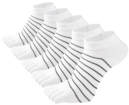 FEOYA Chaussettes 5 Doigts Femme Chaussettes Basses Courtes Coton Chaussette à Orteils Séparés Respirantes Socquettes Cheville Rayées de Sport Course à Pied Socquette à Cinq Doigts 5 Paires Blanc